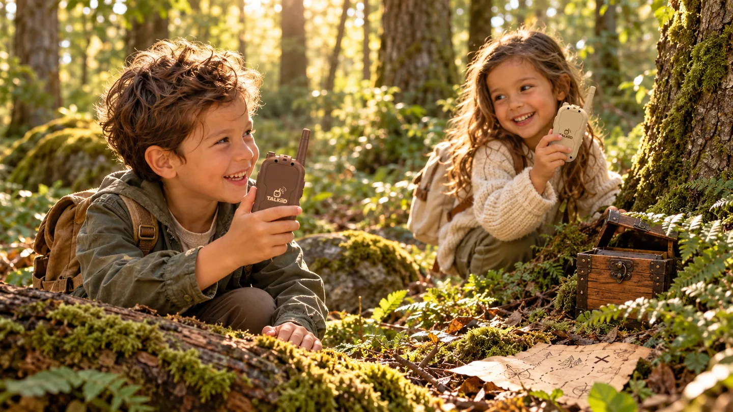 Deux enfants avec les talkies TALKIID cherchent un trésor dans une forêt.