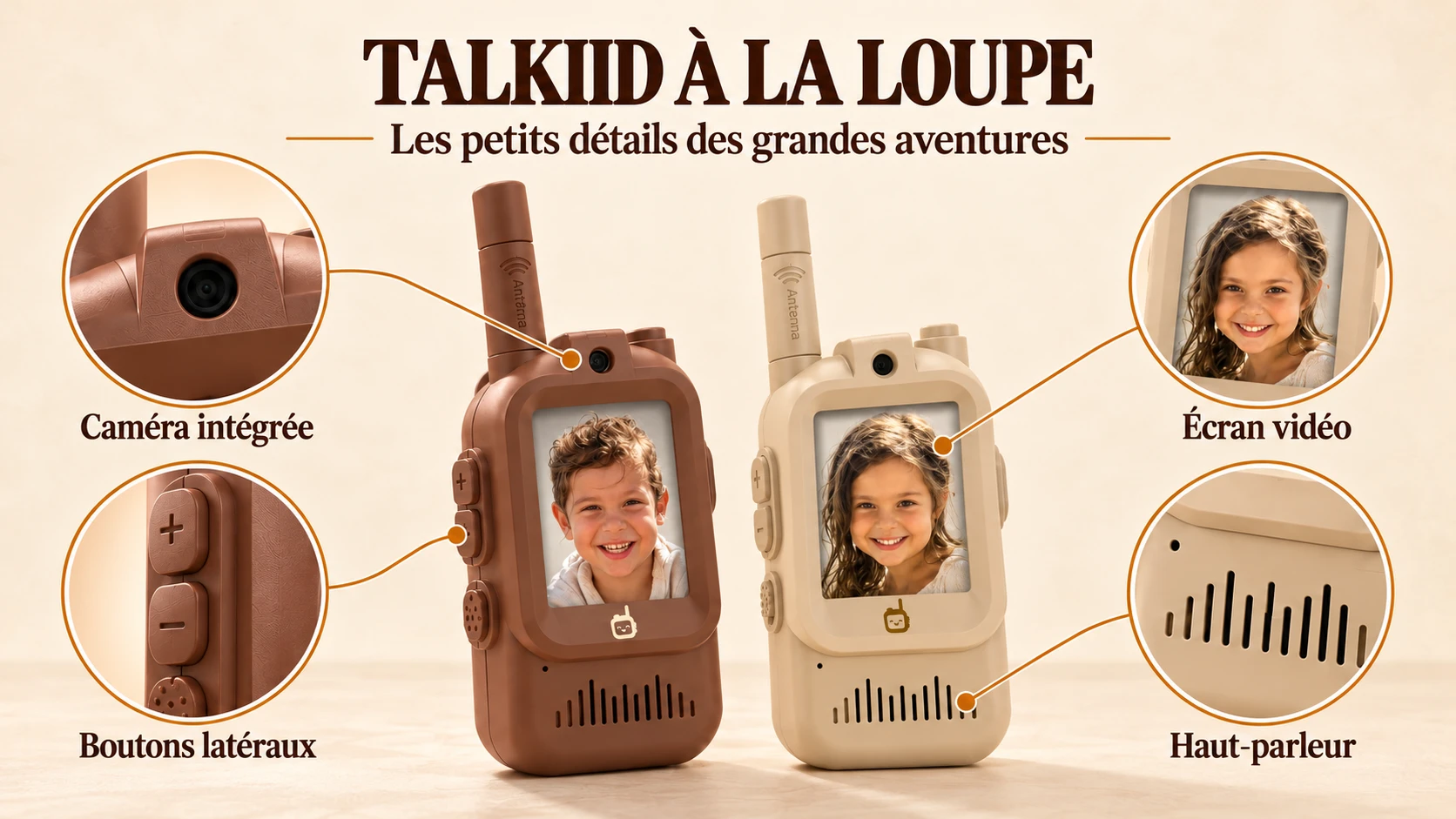 TALKIID à la loupe : les deux modèles marron et beige, avec des gros plans sur la caméra, l’écran vidéo, les boutons latéraux et le haut-parleur.